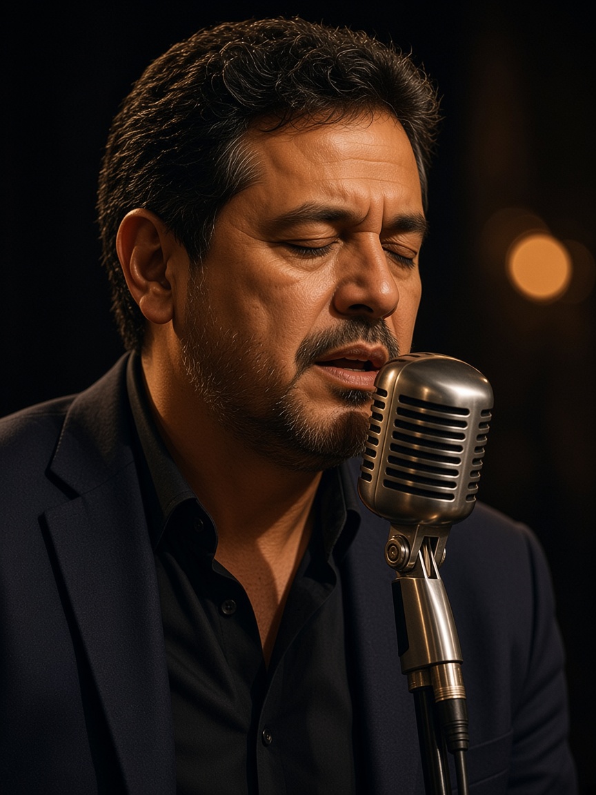 Vladimir Alejandro Urtecho Ortiz cantando frente a un micrófono vintage bajo luz cálida de escenario
