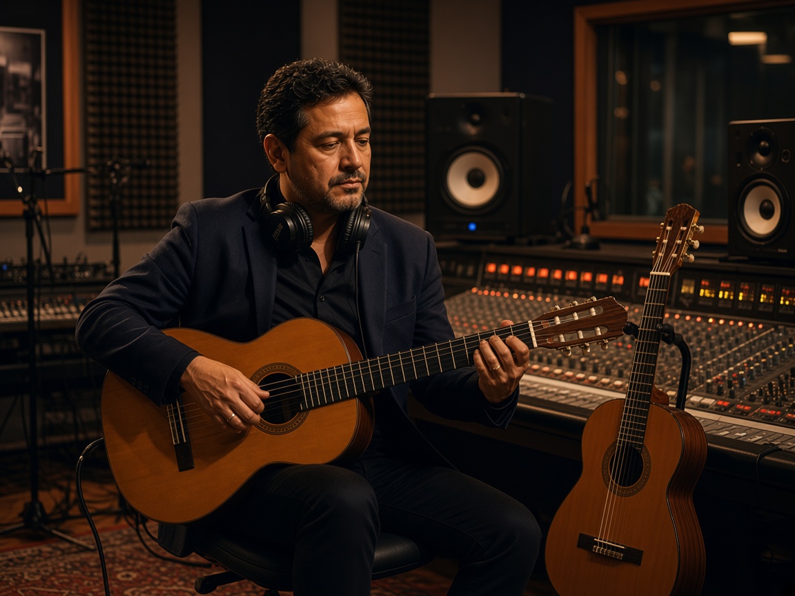 Vladimir Alejandro Urtecho Ortiz grabando con su guitarra en un estudio de música profesional